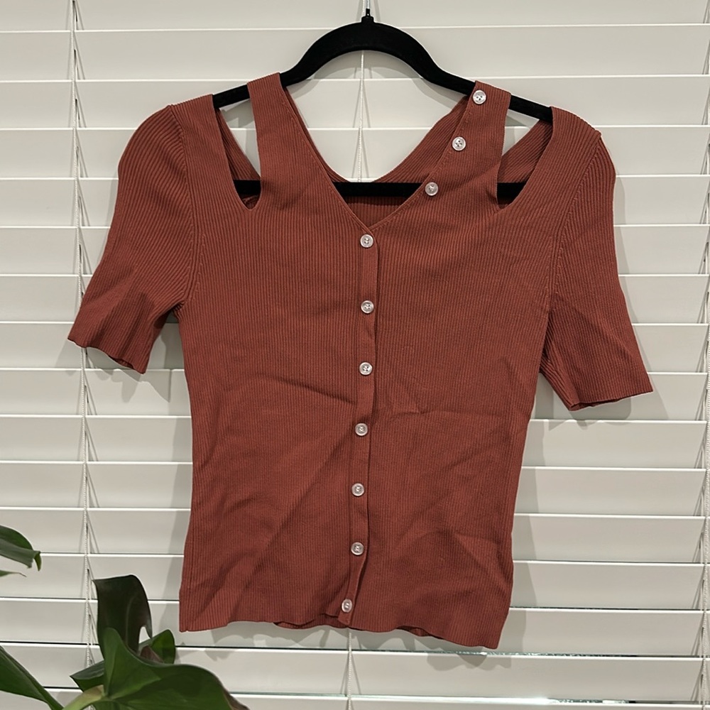 BANANA CICI ✨ Rust Brown Beige Sweater 3/4 Sleeve Blouse Size Medium Fits Small